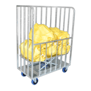 caged delivery trolley with yellow linen bags